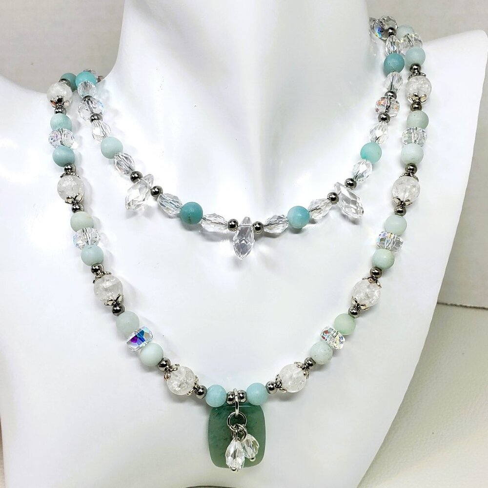 Amazonite and Crystal Beaded Necklace, Multi Strand Necklace